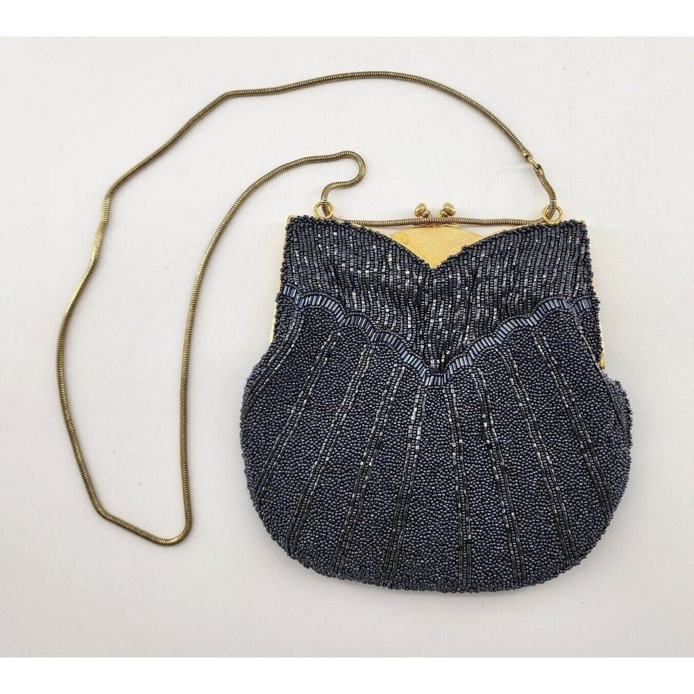 Vintage Ed B Robinson Beaded Handbag Clutch with Gold Strap Small Purse Blue